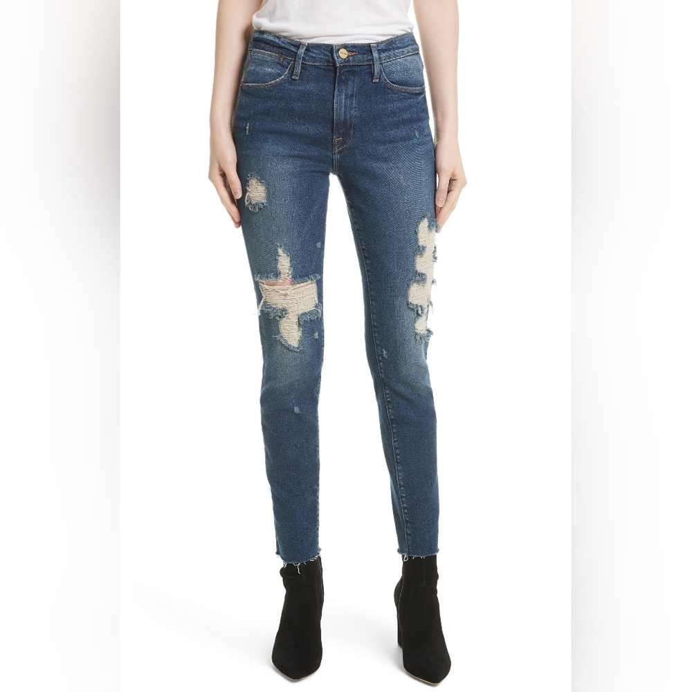 Frame Denim Le High Distressed Skinny-Leg Cropped Raw-Edge Jeans, size 24